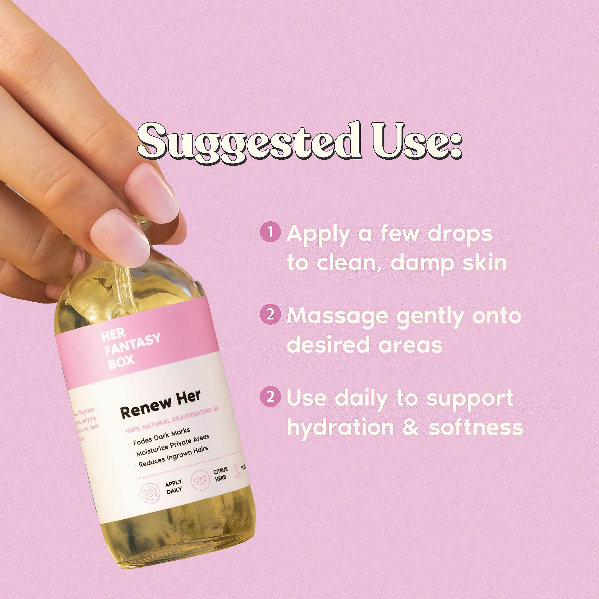 Renew Her oil swatch on skin—moisturizing nourishment for sensitive areas.