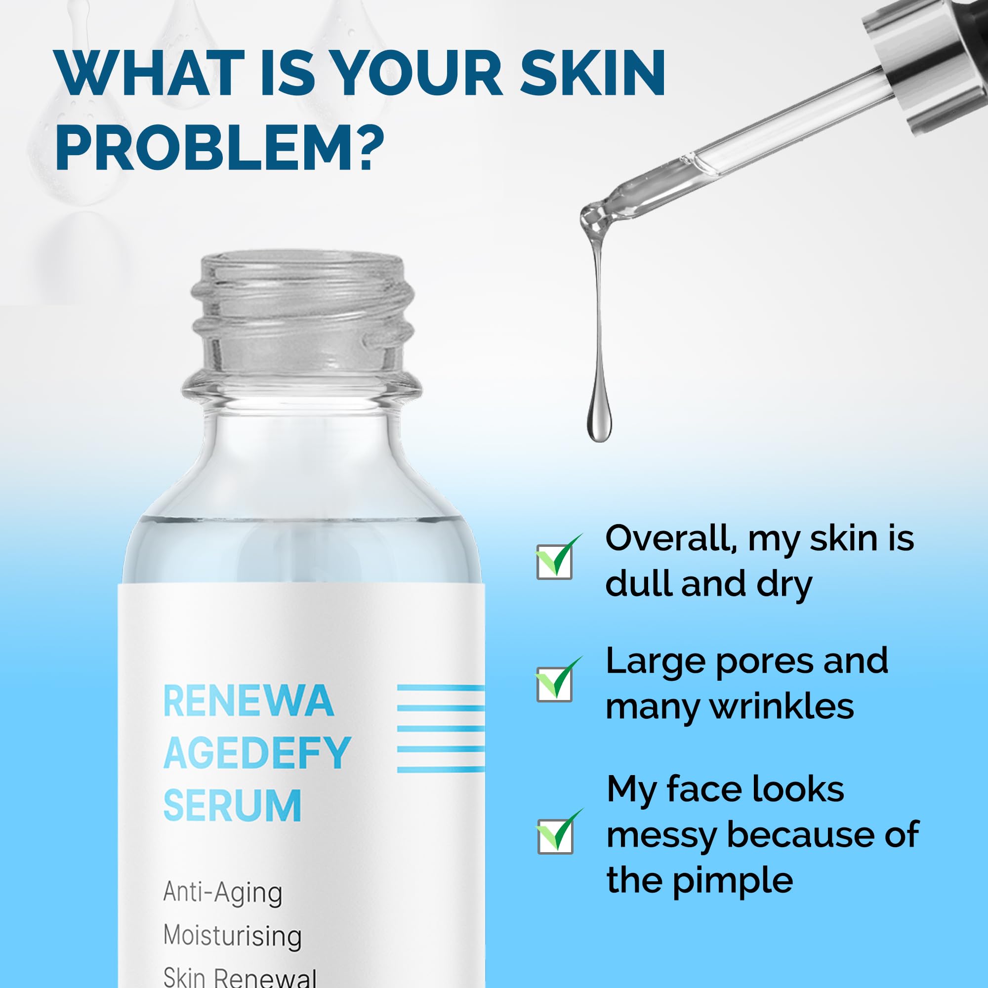 Renewa AgeDefy Niacinamide 5% Serum skin-barrier closeup emphasizes gentle formula for sensitive skin.