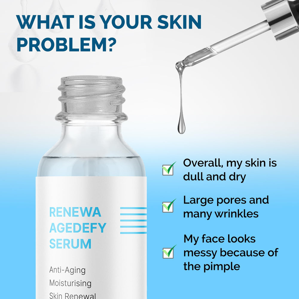 Renewa AgeDefy Niacinamide 5% Serum skin-barrier closeup emphasizes gentle formula for sensitive skin.