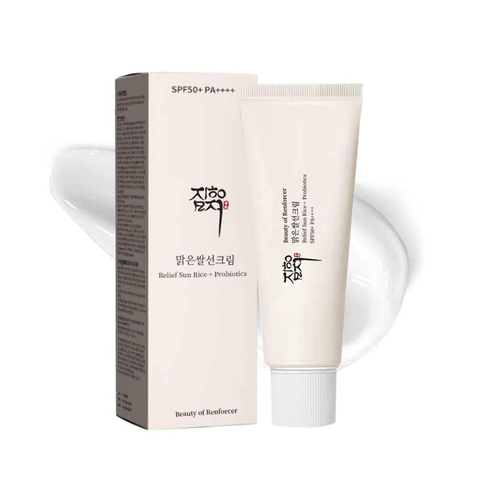 Renforcer Relief Sun SPF50+ bottle closeup showing lightweight daily protection.