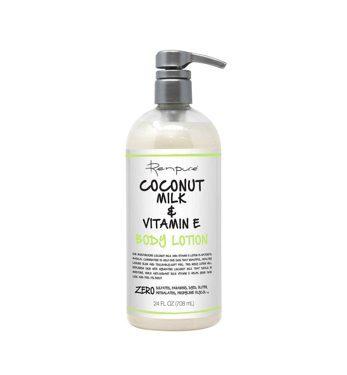 Renpure Coconut Milk & Vitamin E body lotion bottle shows creamy hydration for soft skin.