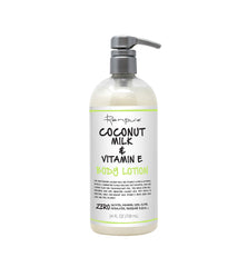 Renpure Coconut Milk & Vitamin E body lotion bottle shows creamy hydration for soft skin.