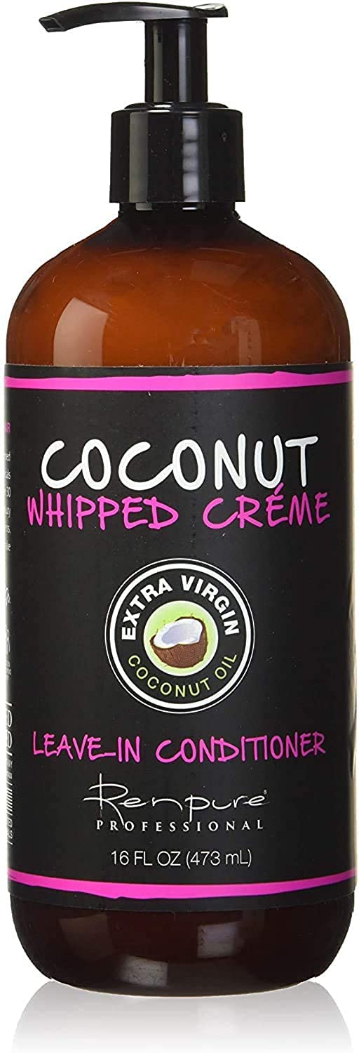 RENPURE Coconut Whipped Creme Leave-In Conditioner bottle showing frizz-control shine.
