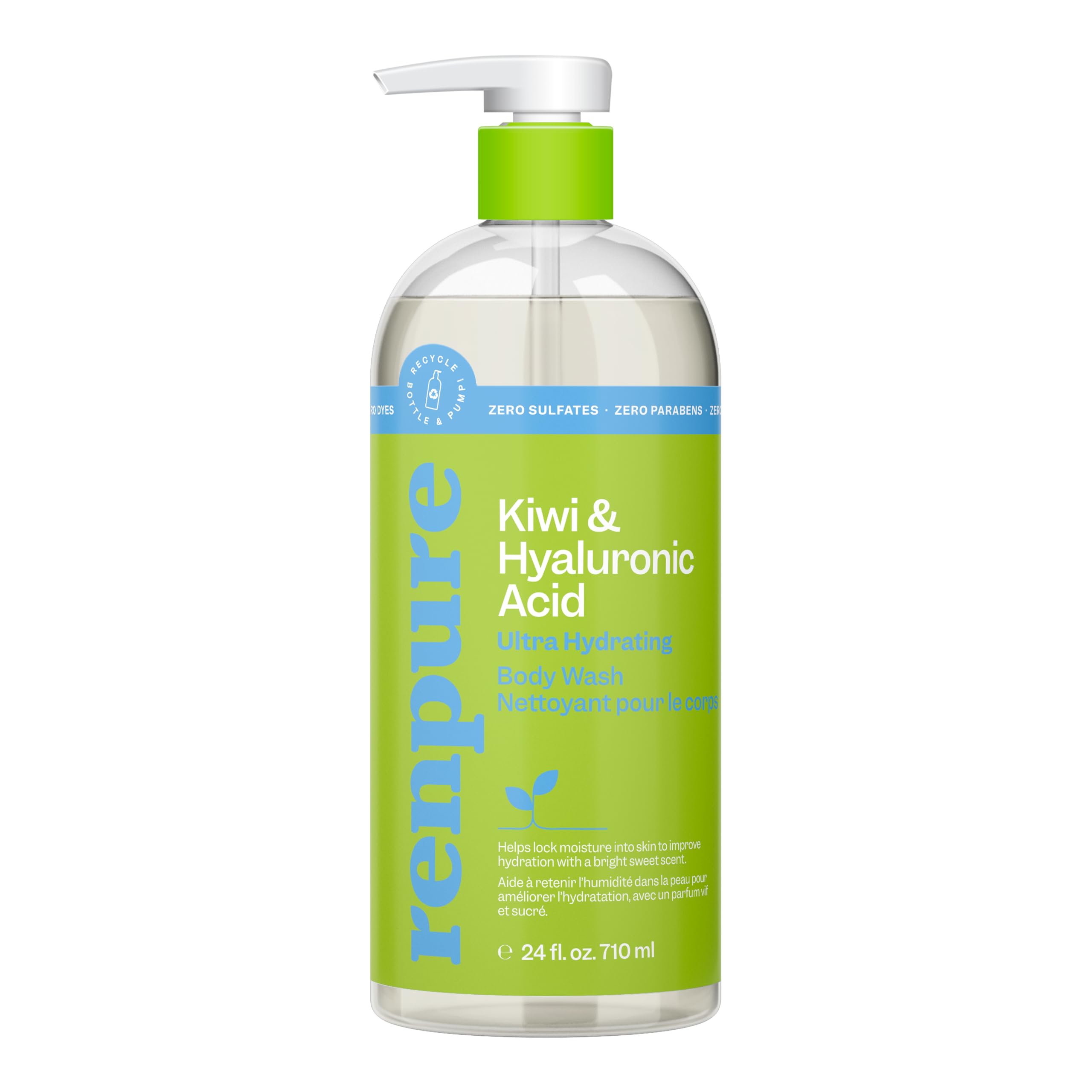 Renpure Kiwi Hyaluronic Body Wash pump bottle with hydrating cleanse for soft skin.