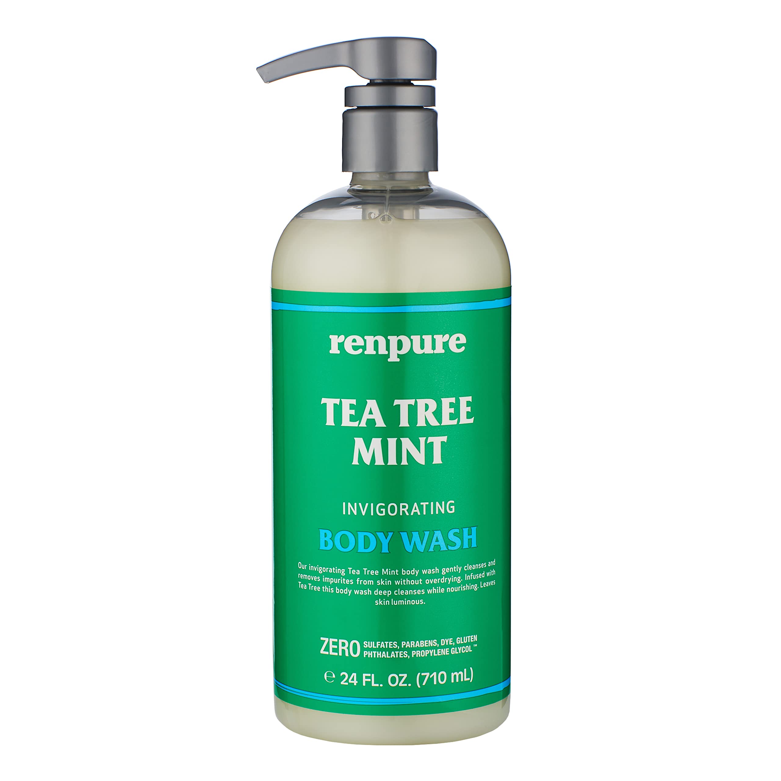 Renpure Tea Tree Peppermint Body Wash pump bottle shows sulfate free cleansing for dry skin