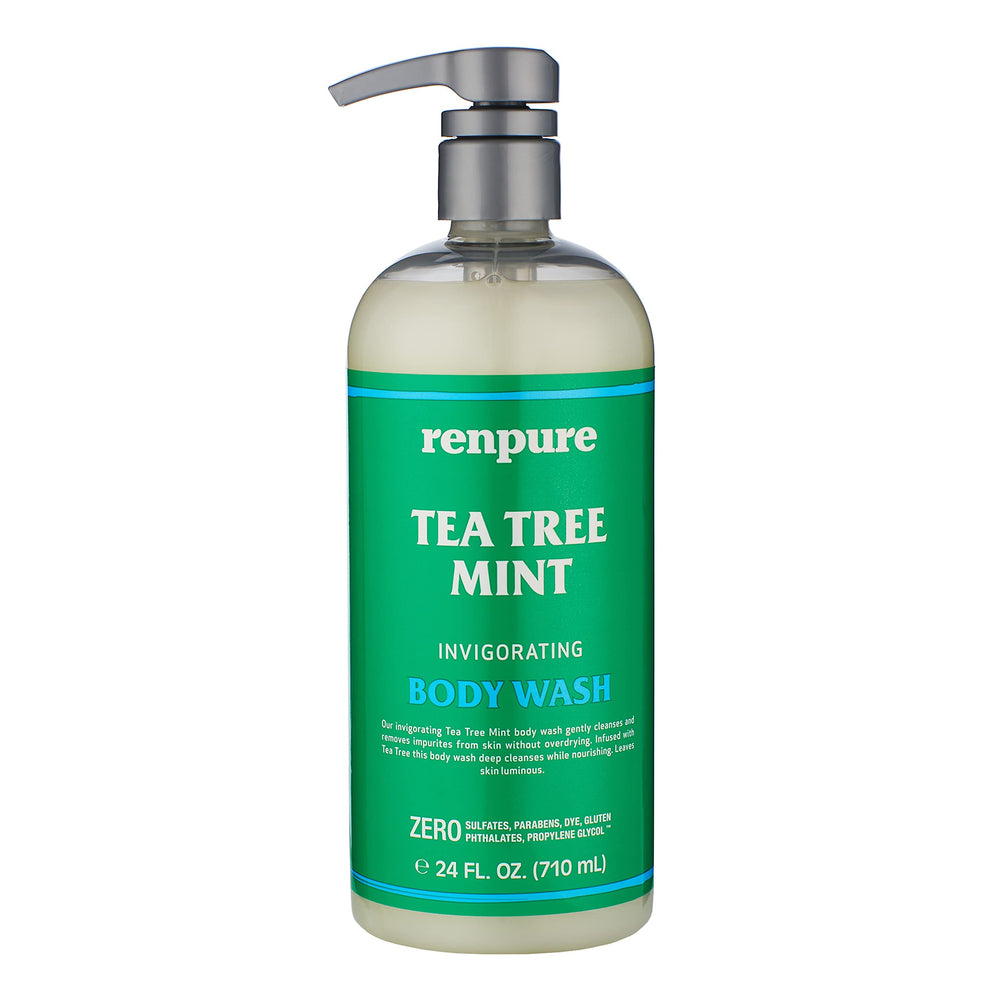 Renpure Tea Tree Peppermint Body Wash pump bottle shows sulfate free cleansing for dry skin
