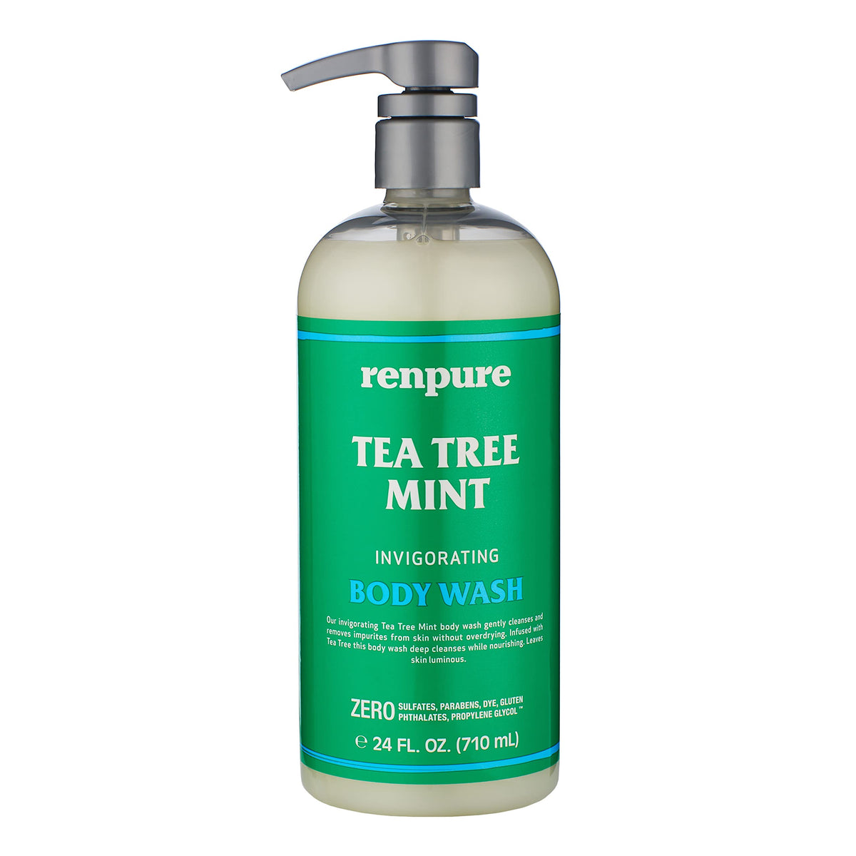 Renpure Tea Tree Peppermint Body Wash pump bottle shows sulfate free cleansing for dry skin