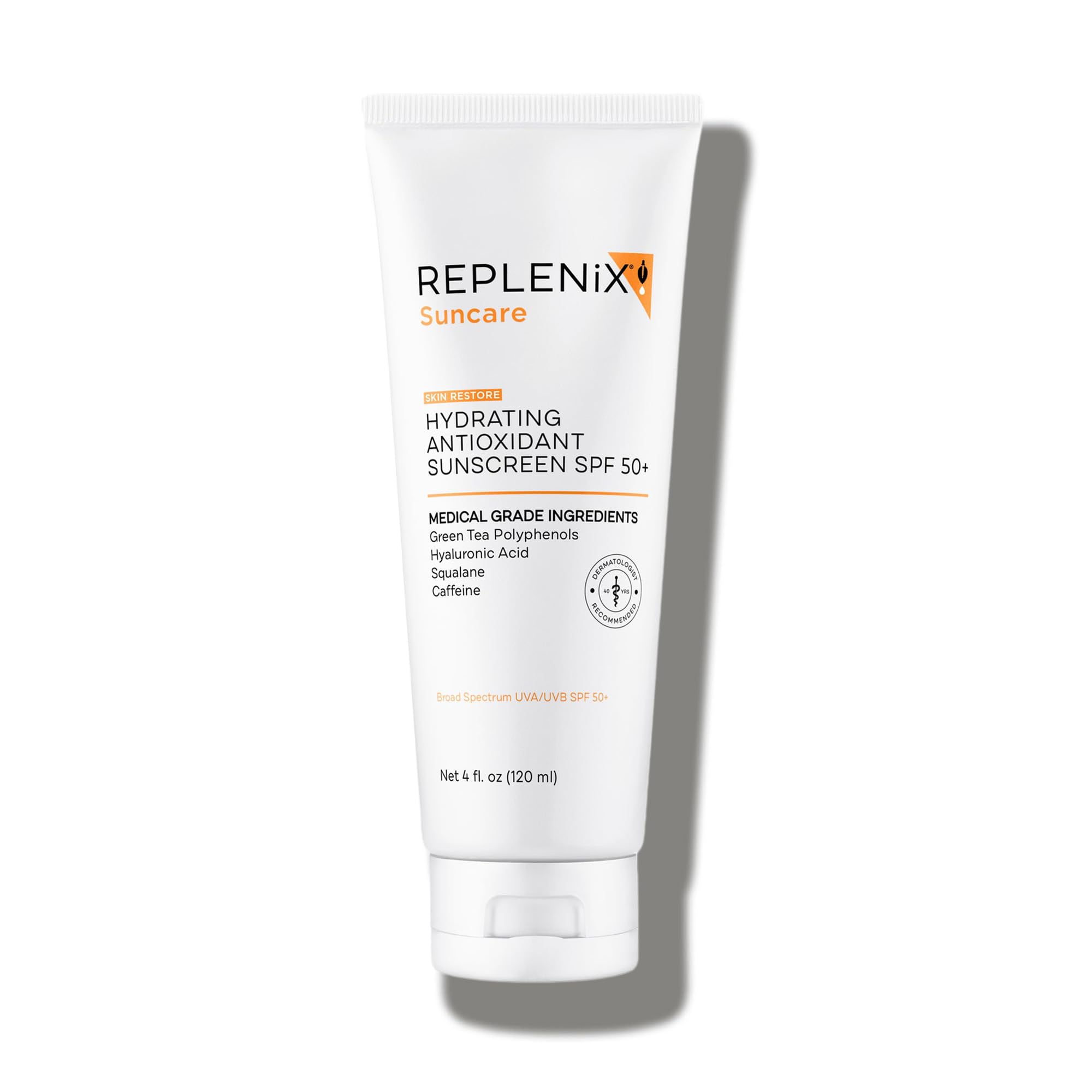 Replenix Antioxidant Hydrating Sunscreen SPF50+ bottle front for daily UV protection.