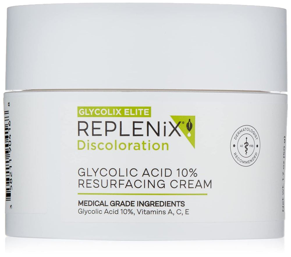 Replenix Glycolic Acid 10% cream bottle for daily resurfacing and hydration.