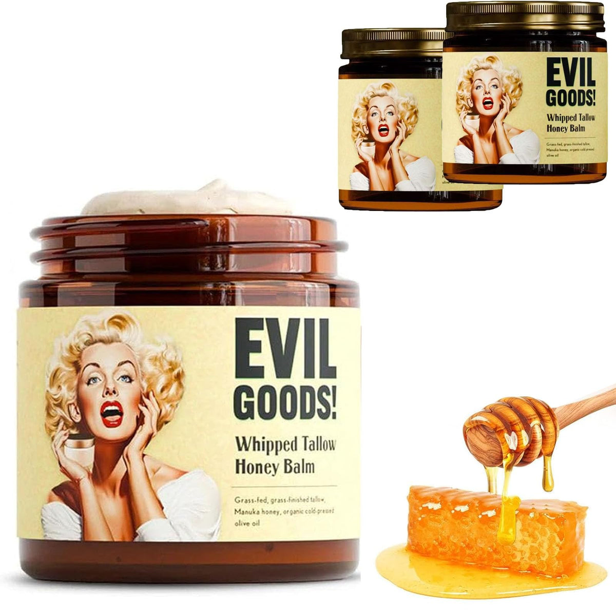 Rercarre whipped beef tallow honey balm packaging shown as premium daily moisturizer.