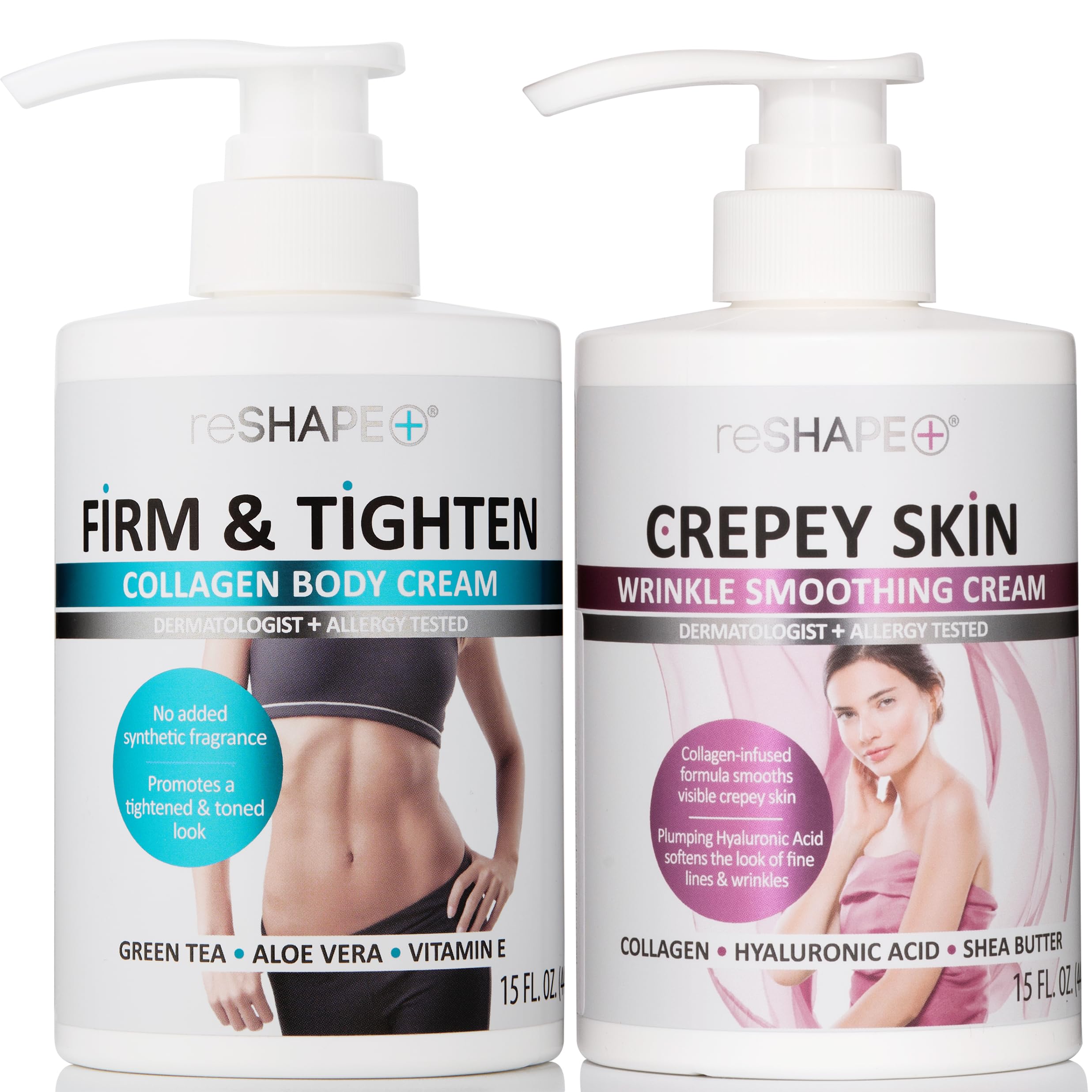 Reshape collagen body cream bottle pump for smooth, hydrated skin.
