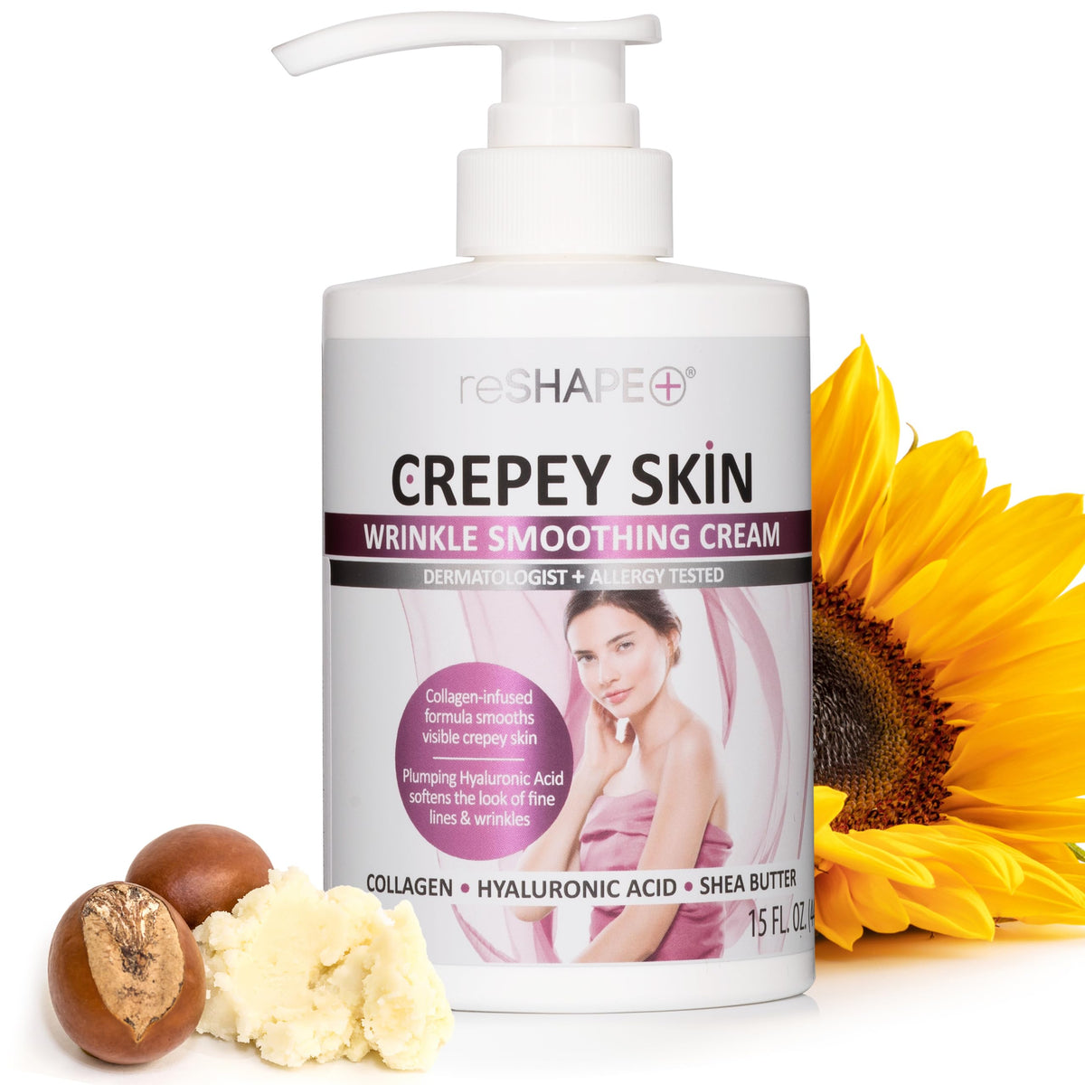 Reshape+ collagen body cream bottle with pump delivers easy moisturization