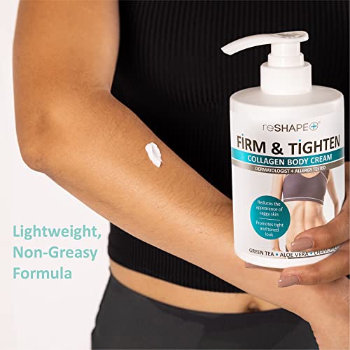 Reshape+ Collagen Cream pump bottle on vanity for easy daily moisturization.
