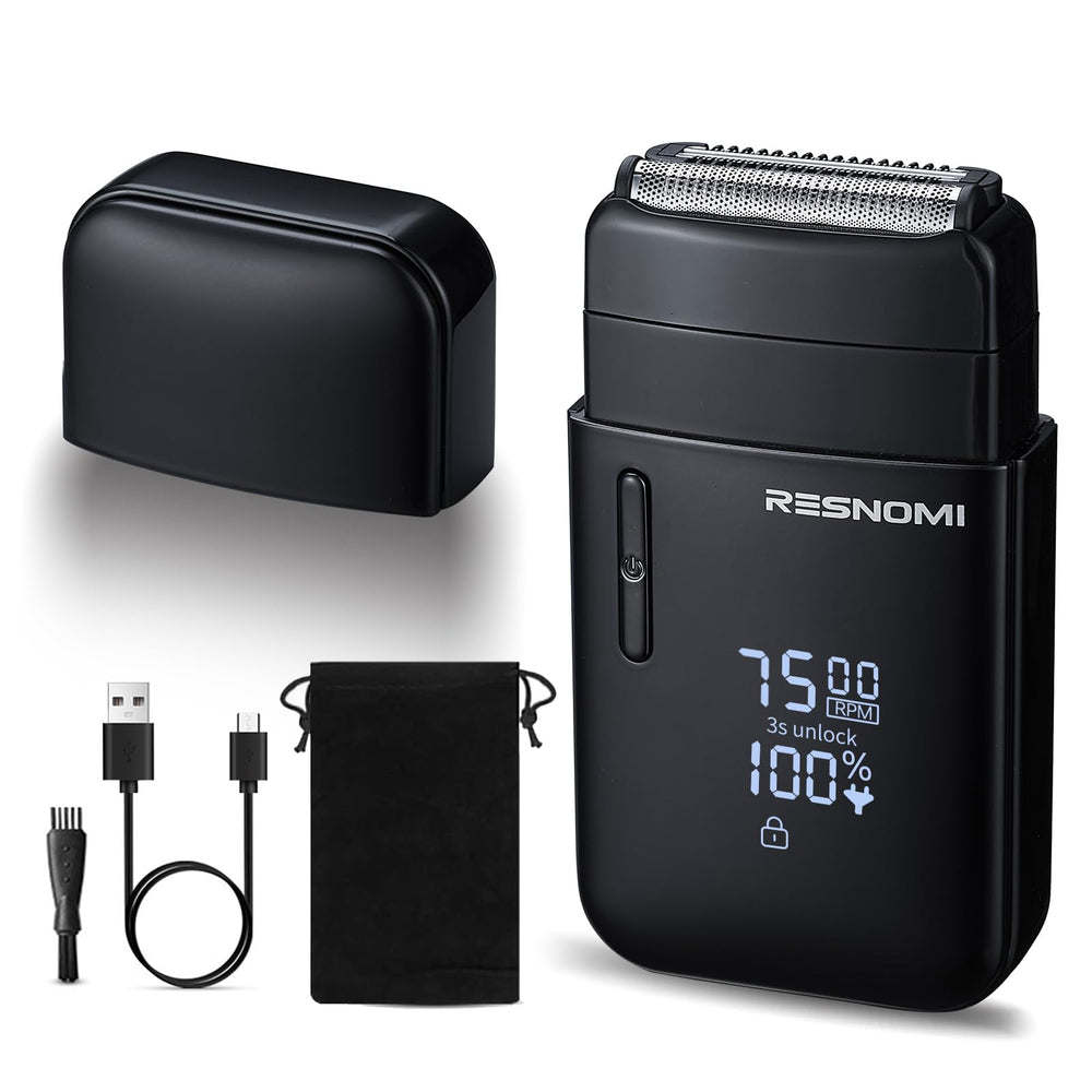 RESNOMI electric foil shaver front view highlights compact design for quick daily shaves.