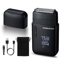 RESNOMI electric foil shaver front view highlights compact design for quick daily shaves.