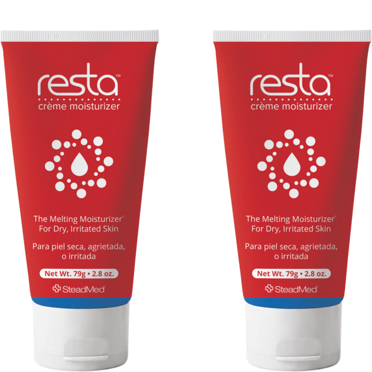 Resta Creme moisturizer bottle front showing unscented hydration for sensitive skin.