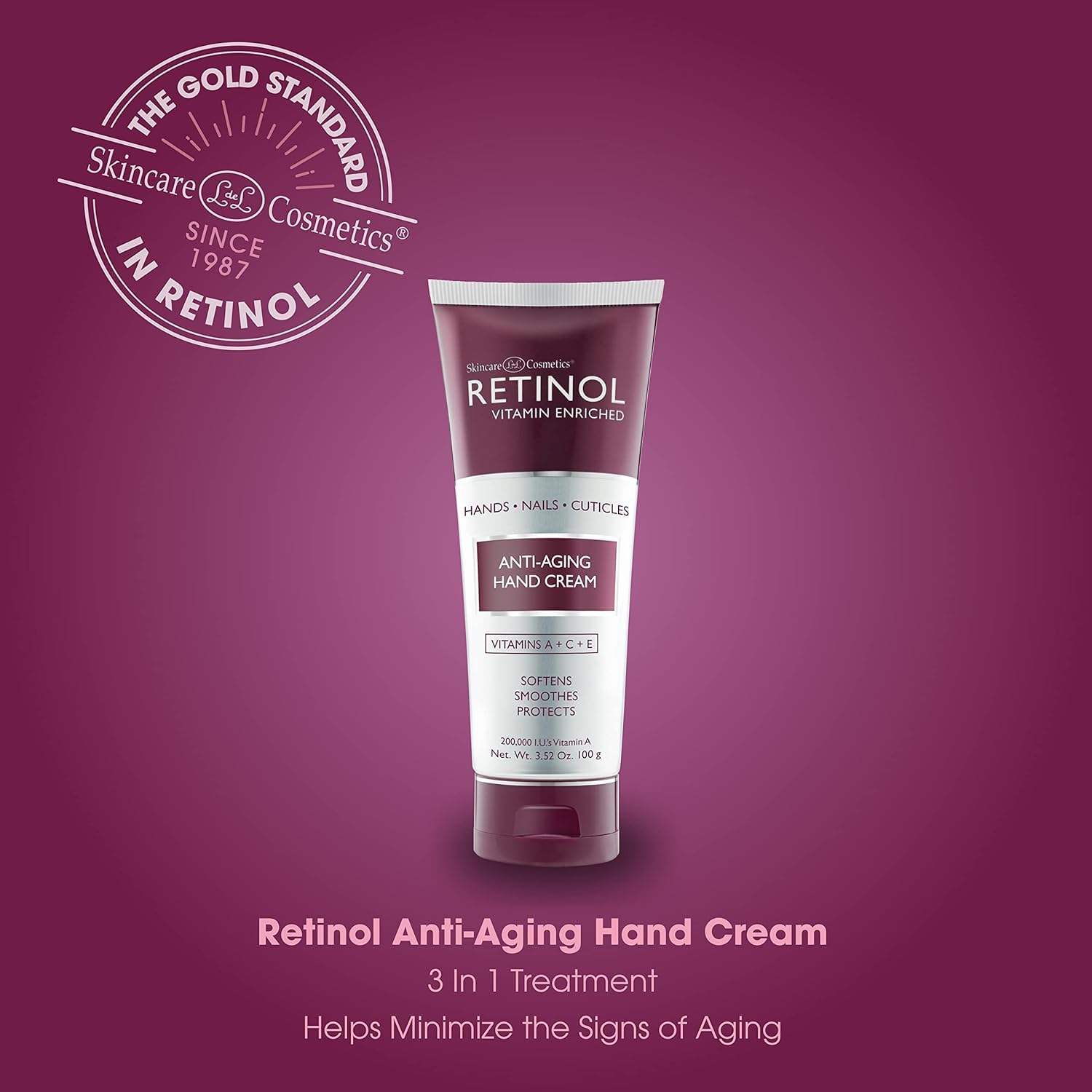 Retinol Anti-Aging Hand Cream with green tea and vitamins nourishes dry skin.