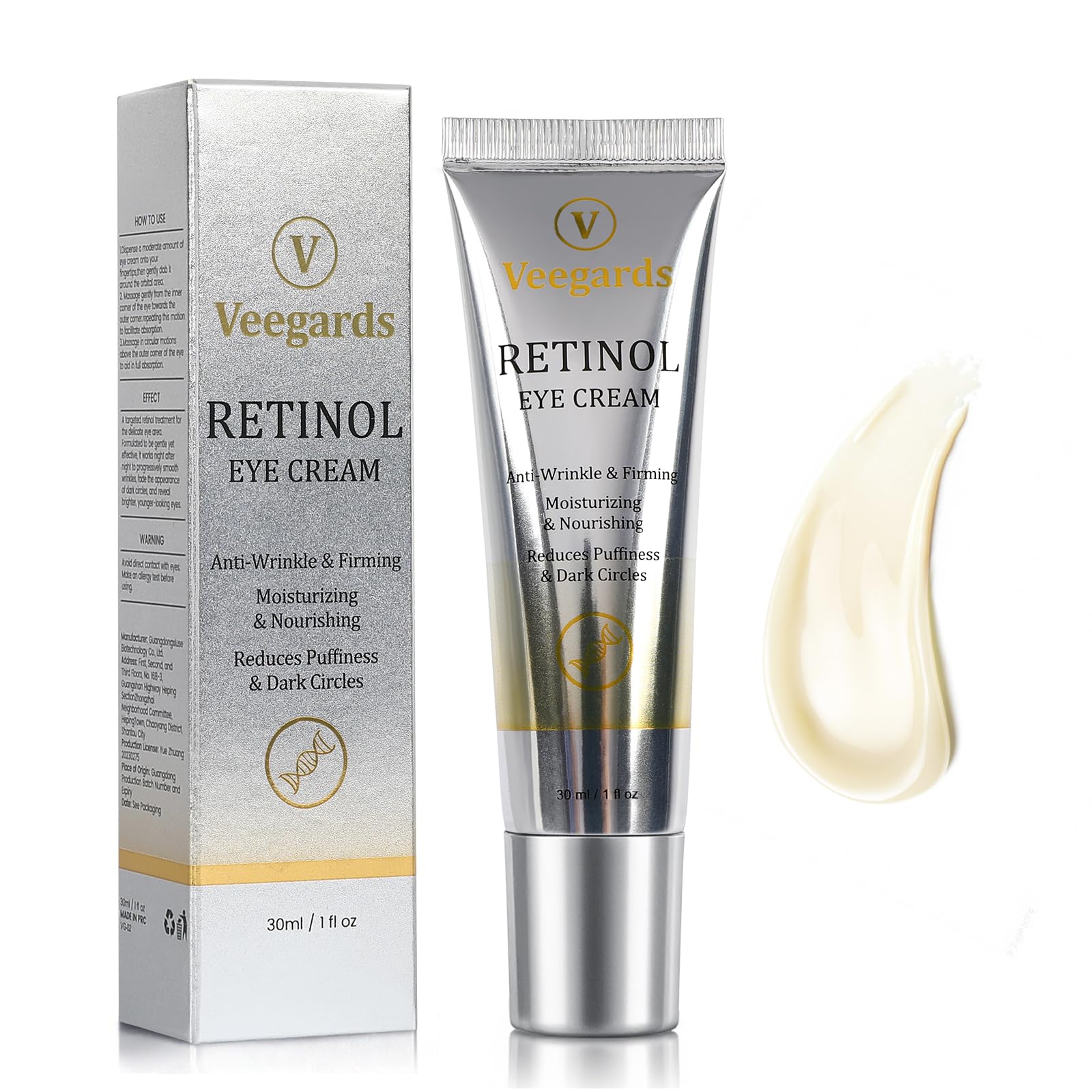 Retinol Eye Cream 1oz tube closeup highlighting anti-wrinkle formula for tired eyes