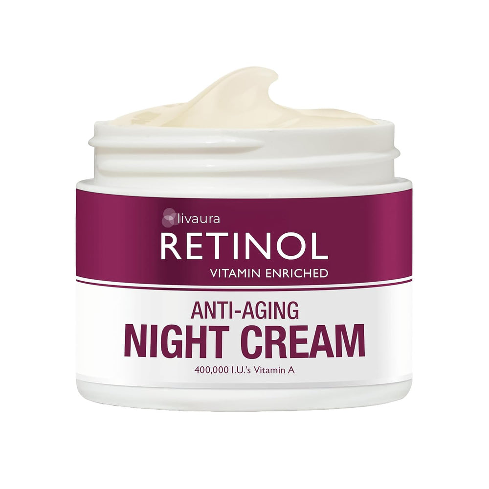 Retinol LIVAURA night cream jar with glow-boosting overnight care.