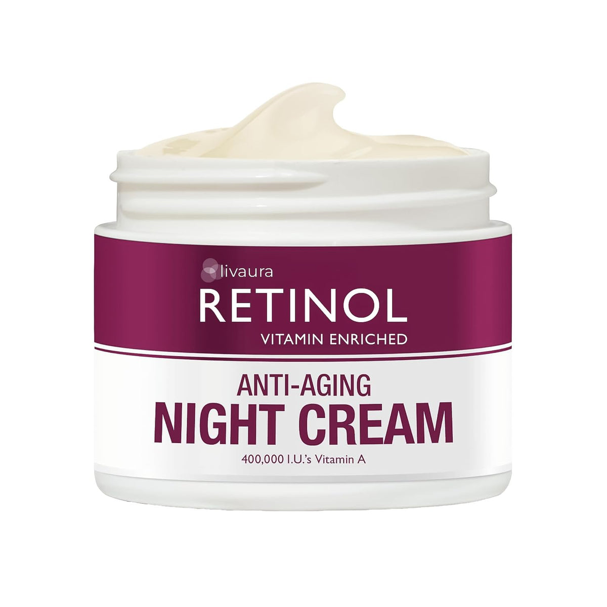 Retinol LIVAURA night cream jar with glow-boosting overnight care.
