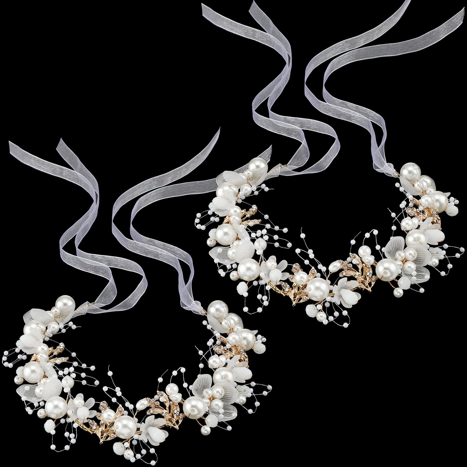 Retrowavy 2 Pcs flower headbands with rhinestones in gold for sparkling partywear.