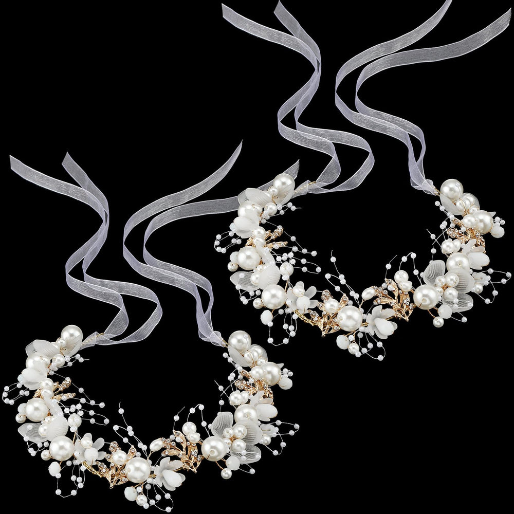 Retrowavy 2 Pcs flower headbands with rhinestones in gold for sparkling partywear.