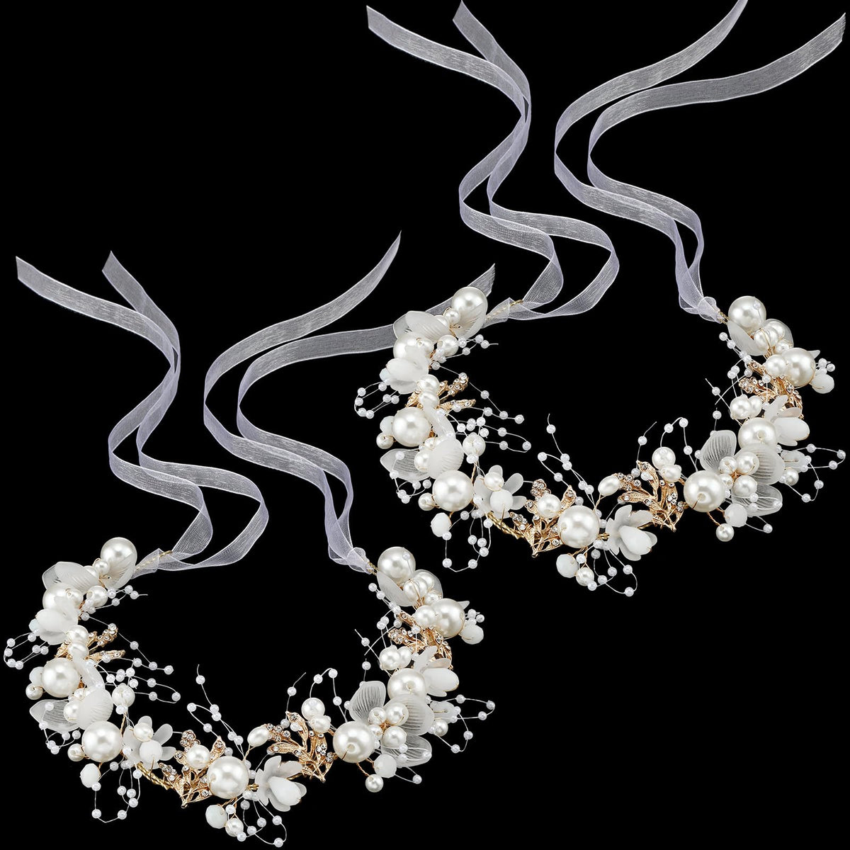 Retrowavy 2 Pcs flower headbands with rhinestones in gold for sparkling partywear.