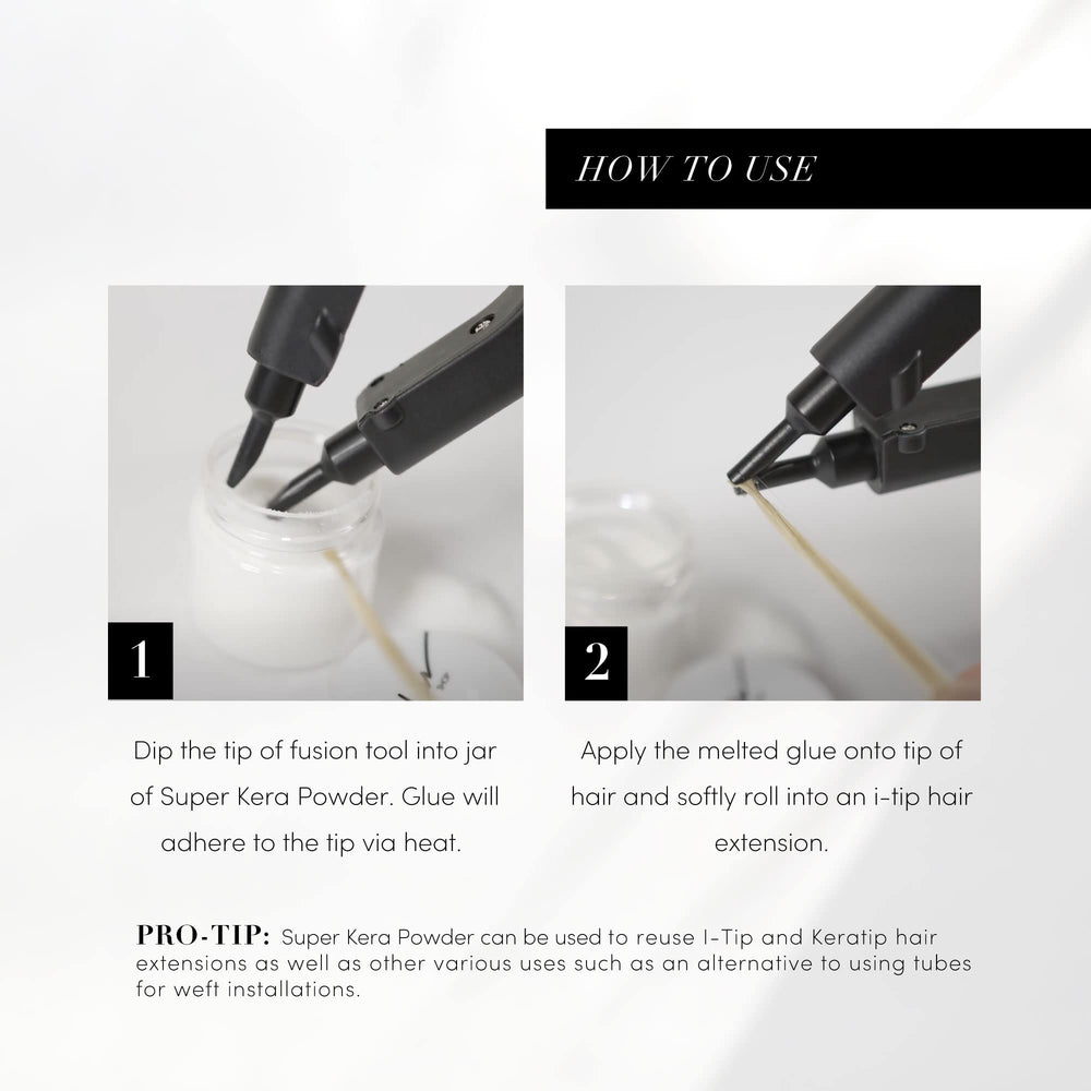 Reuse-ready retipping with keratin glue powder and compatible tools.