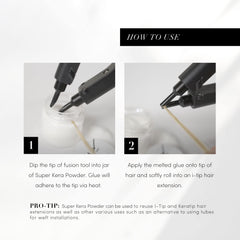 Reuse-ready retipping with keratin glue powder and compatible tools.