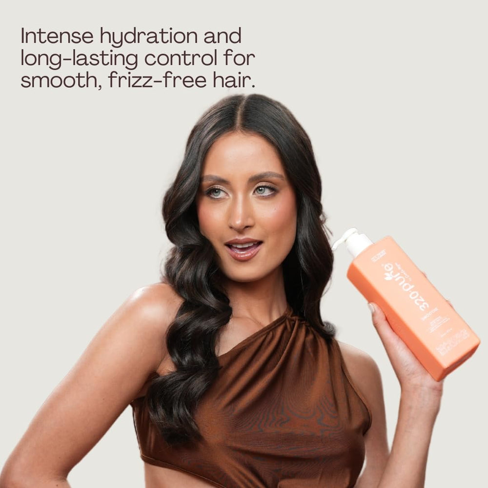 Rev320 320Pure Smoothie bottle-label closeup highlights color-safe, sulfate-free formula for sensitive hair.