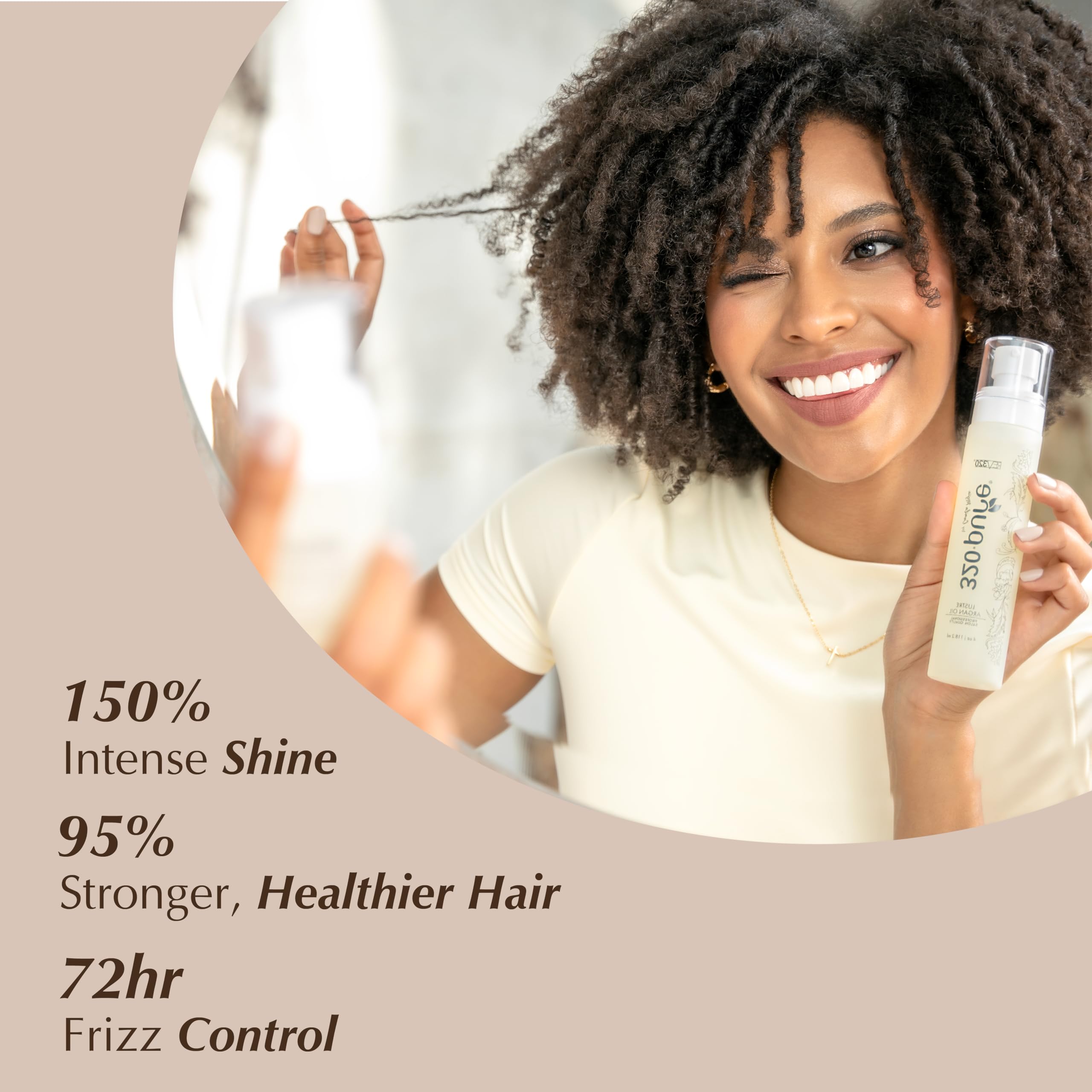 Rev320 hair renewal frizz-control closeup shows silky, manageable strands