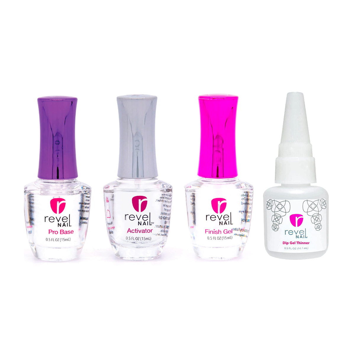 Revel Nail Dip Powder Liquid Set box front shows four liquids for at-home manicures.