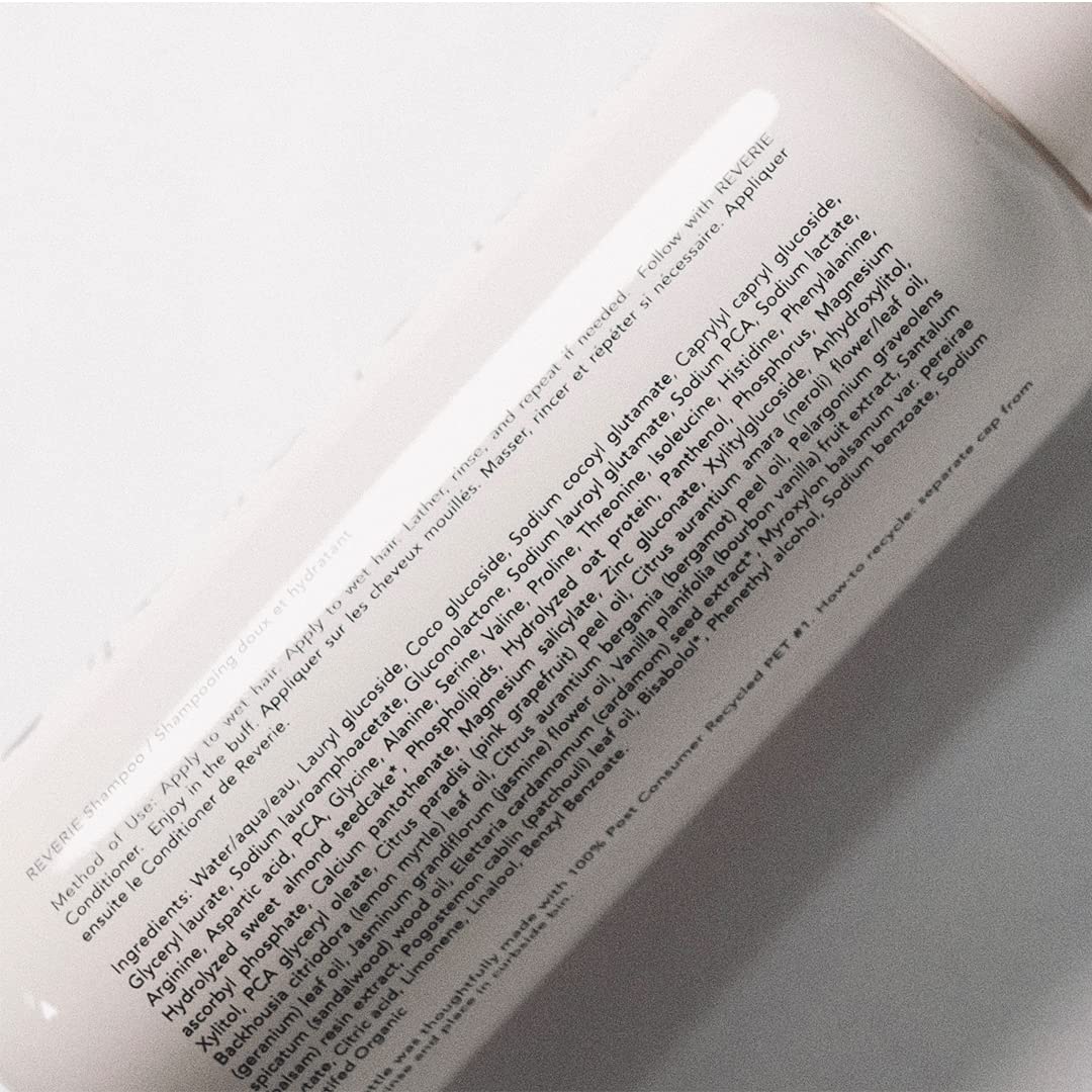 REVERIE Natural Balancing Shampoo ingredients sweet almond oil highlights nourishing botanicals.