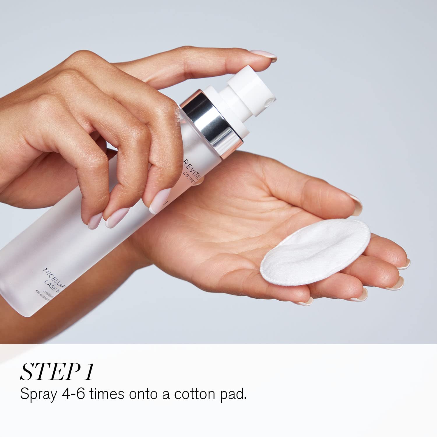 RevitaLash being applied to a cotton pad demonstrating gentle makeup removal benefit
