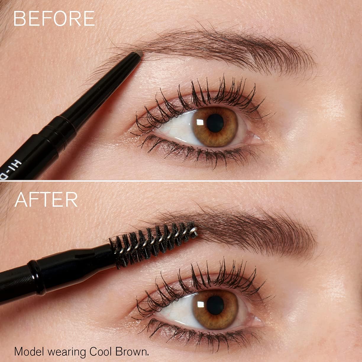 RevitaLash model applying pencil to brow demonstrating shaping and filling benefit