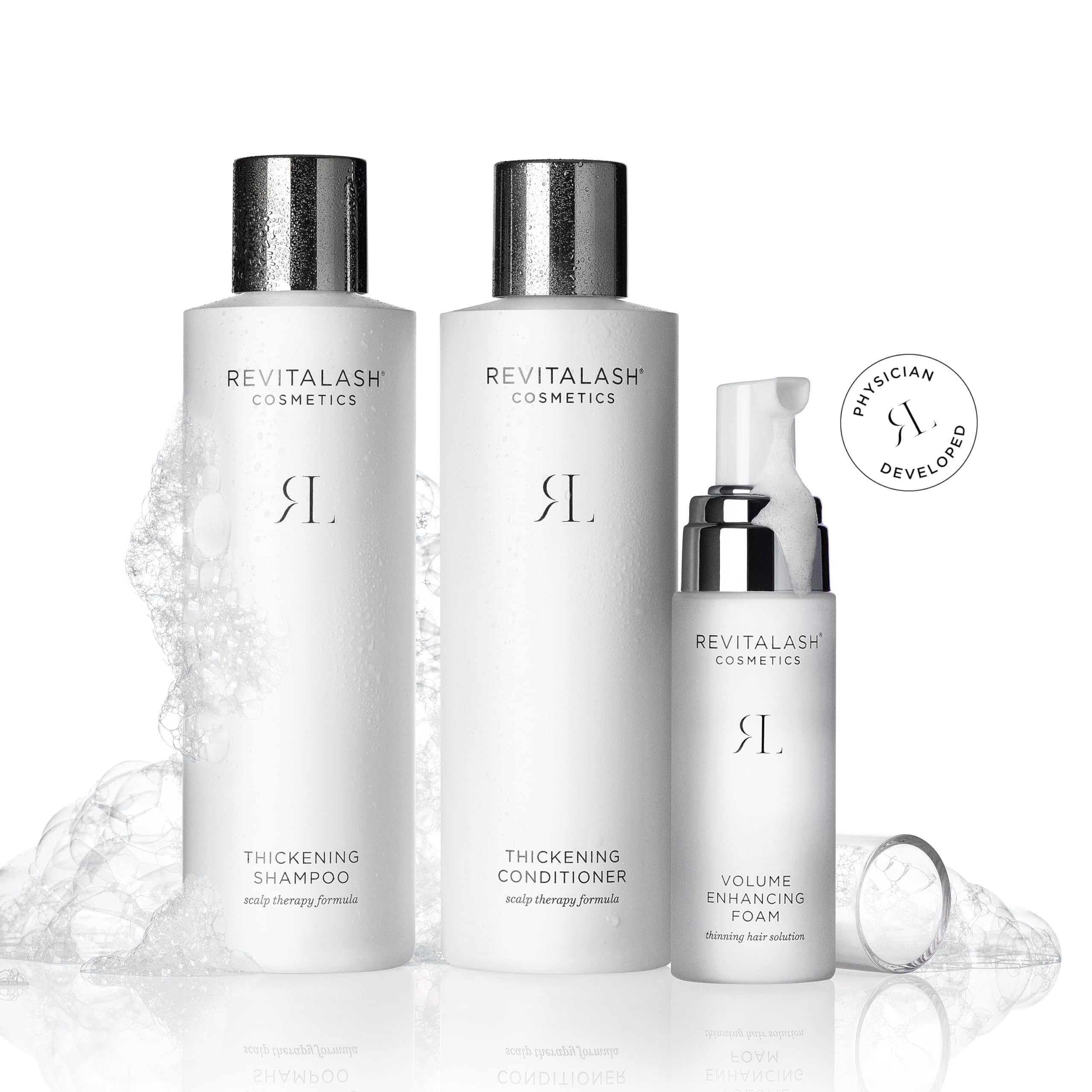 RevitaLash conditioner beside Volume Enhancing Foam illustrating complementary volumizing benefit