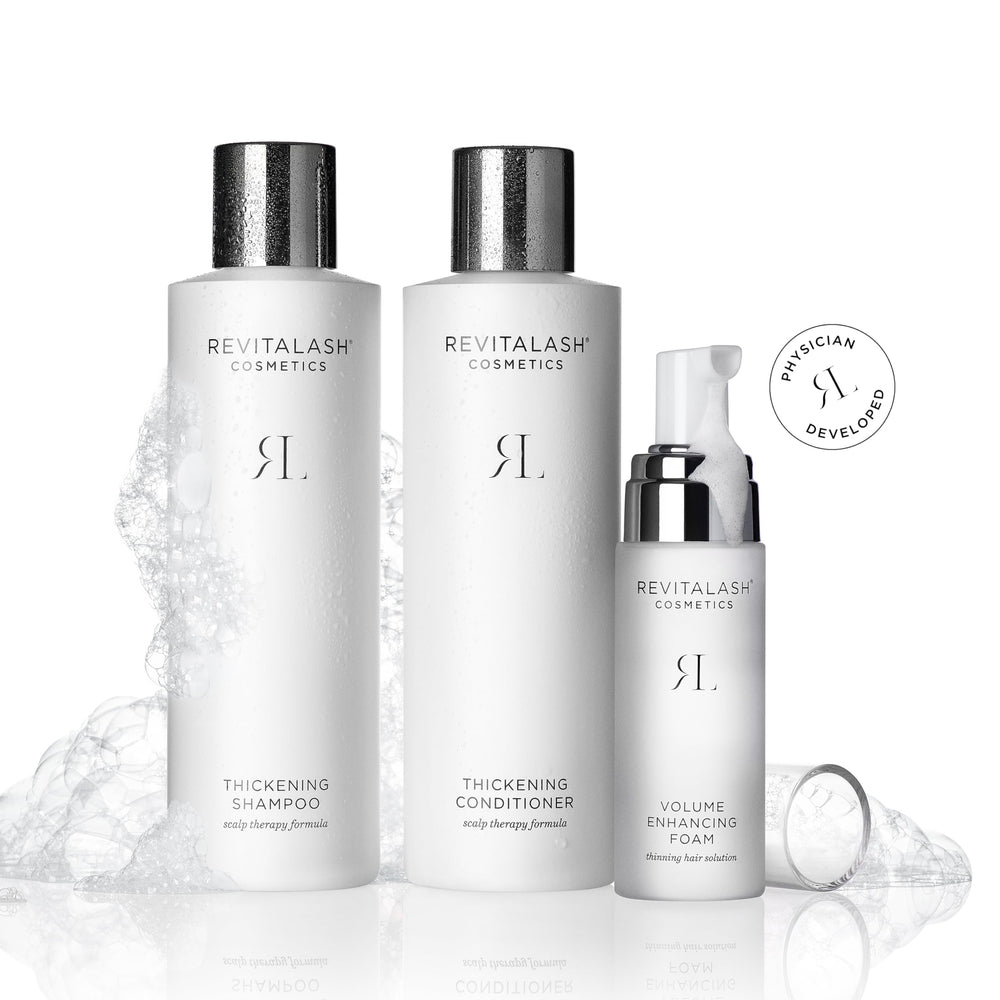 RevitaLash conditioner beside Volume Enhancing Foam illustrating complementary volumizing benefit