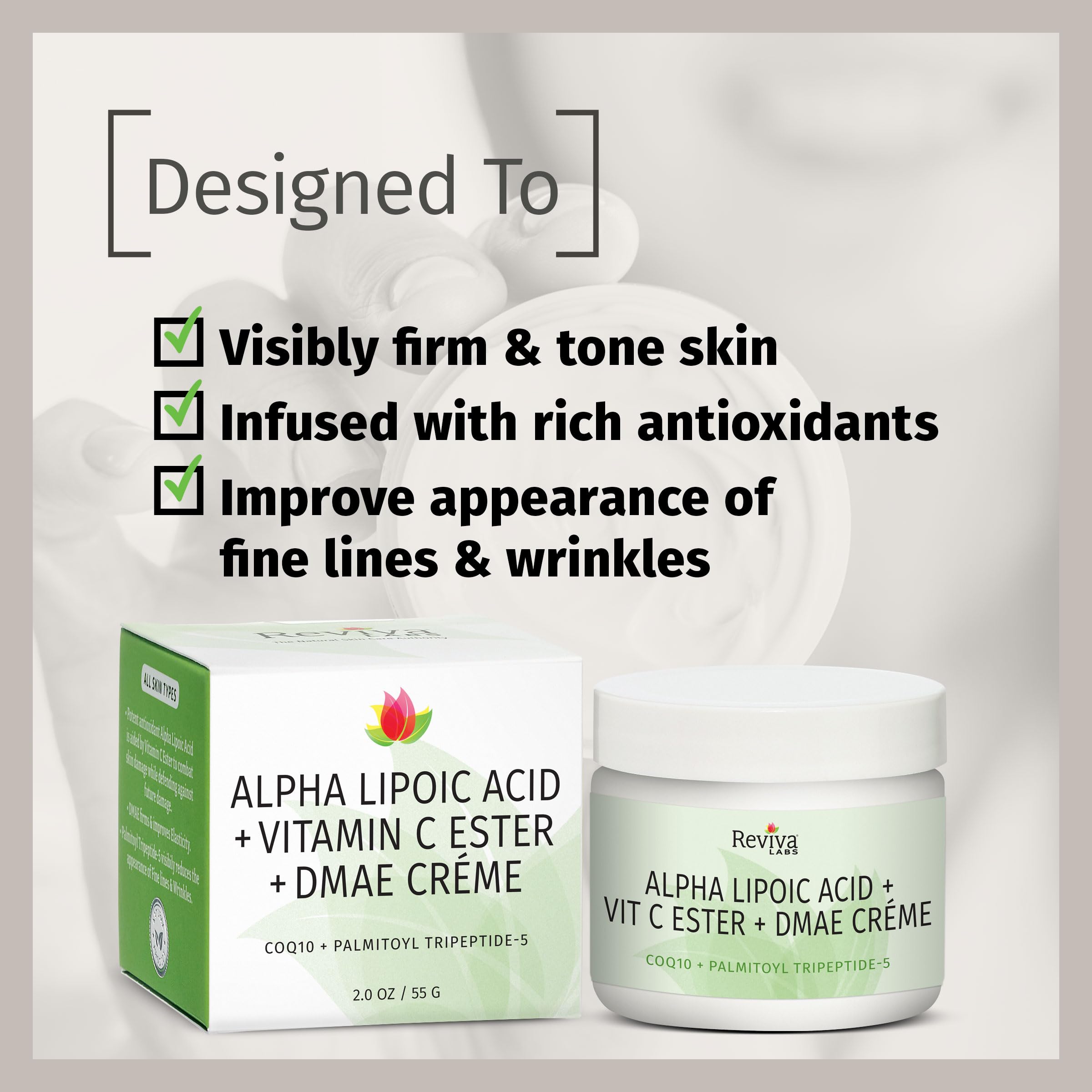 Reviva Labs DMAE Cream ingredient panel highlights alpha lipoic acid and vitamin ester.