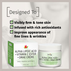 Reviva Labs DMAE Cream ingredient panel highlights alpha lipoic acid and vitamin ester.