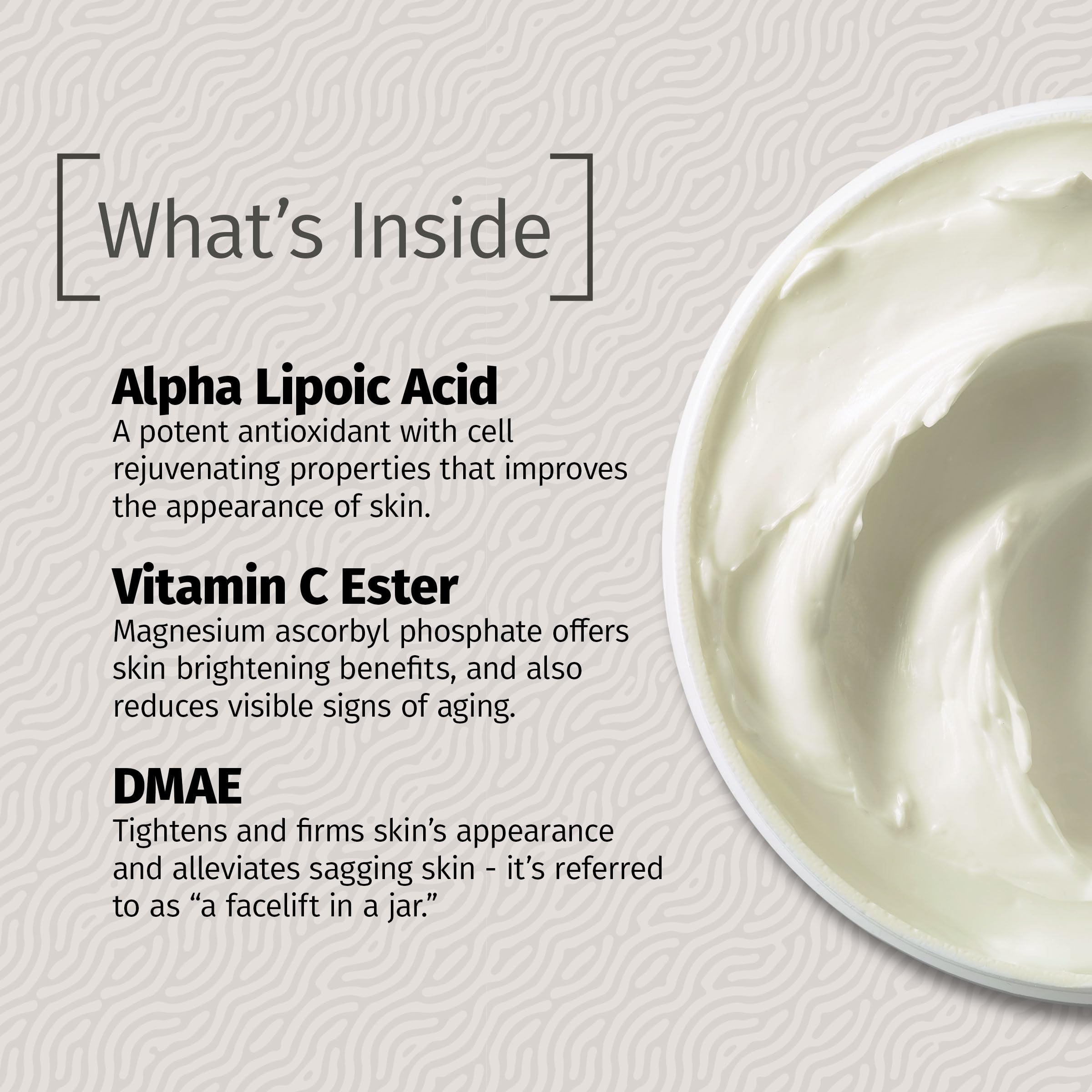 Reviva Labs DMAE Cream swirled on skin shows hydrated, refreshed appearance.