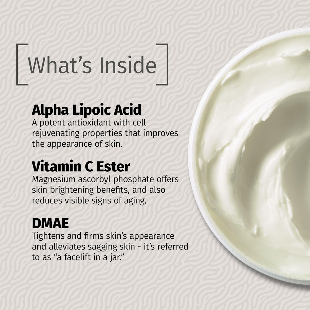 Reviva Labs DMAE Cream swirled on skin shows hydrated, refreshed appearance.