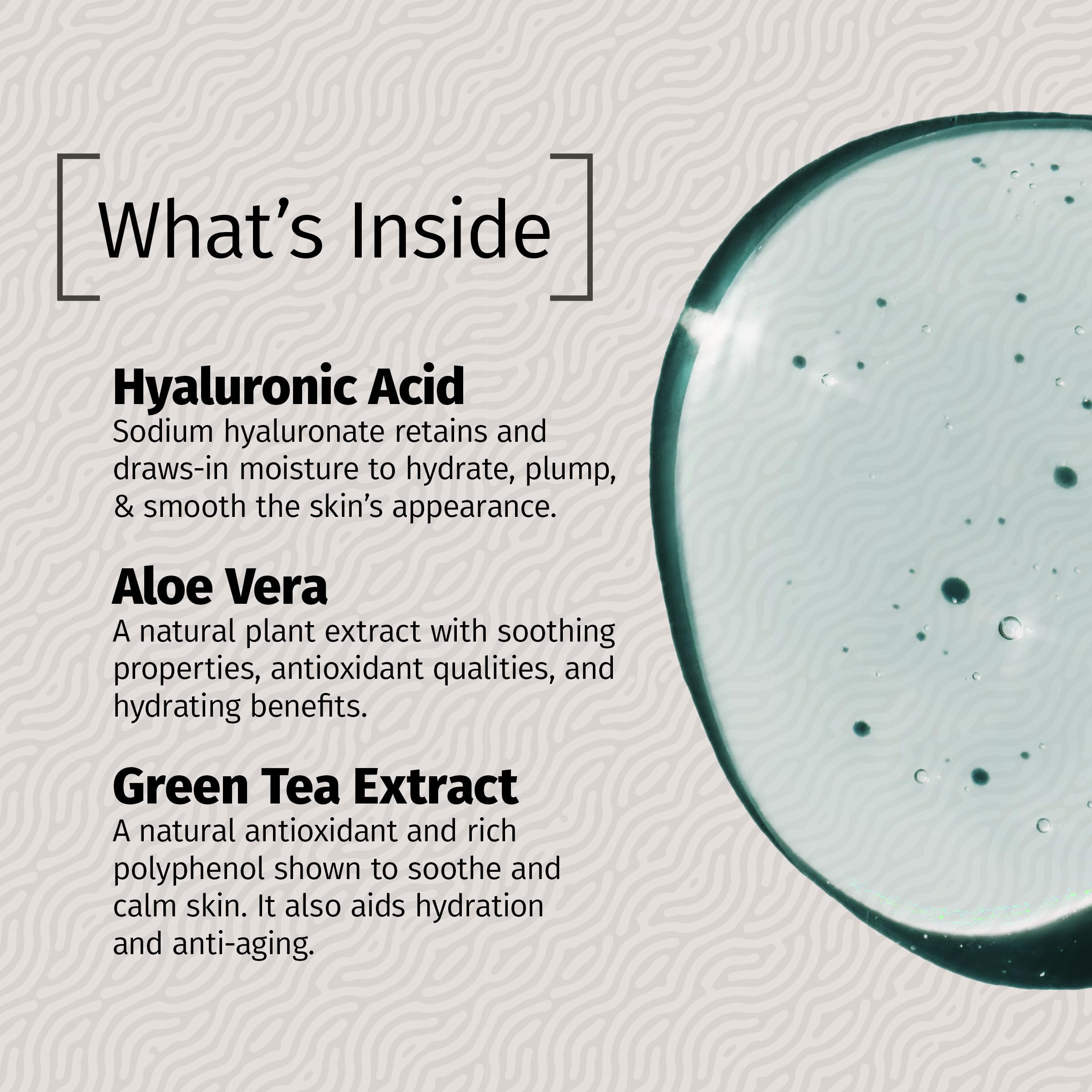 Reviva Labs key ingredient shot highlights hyaluronic acid benefits for moisture.
