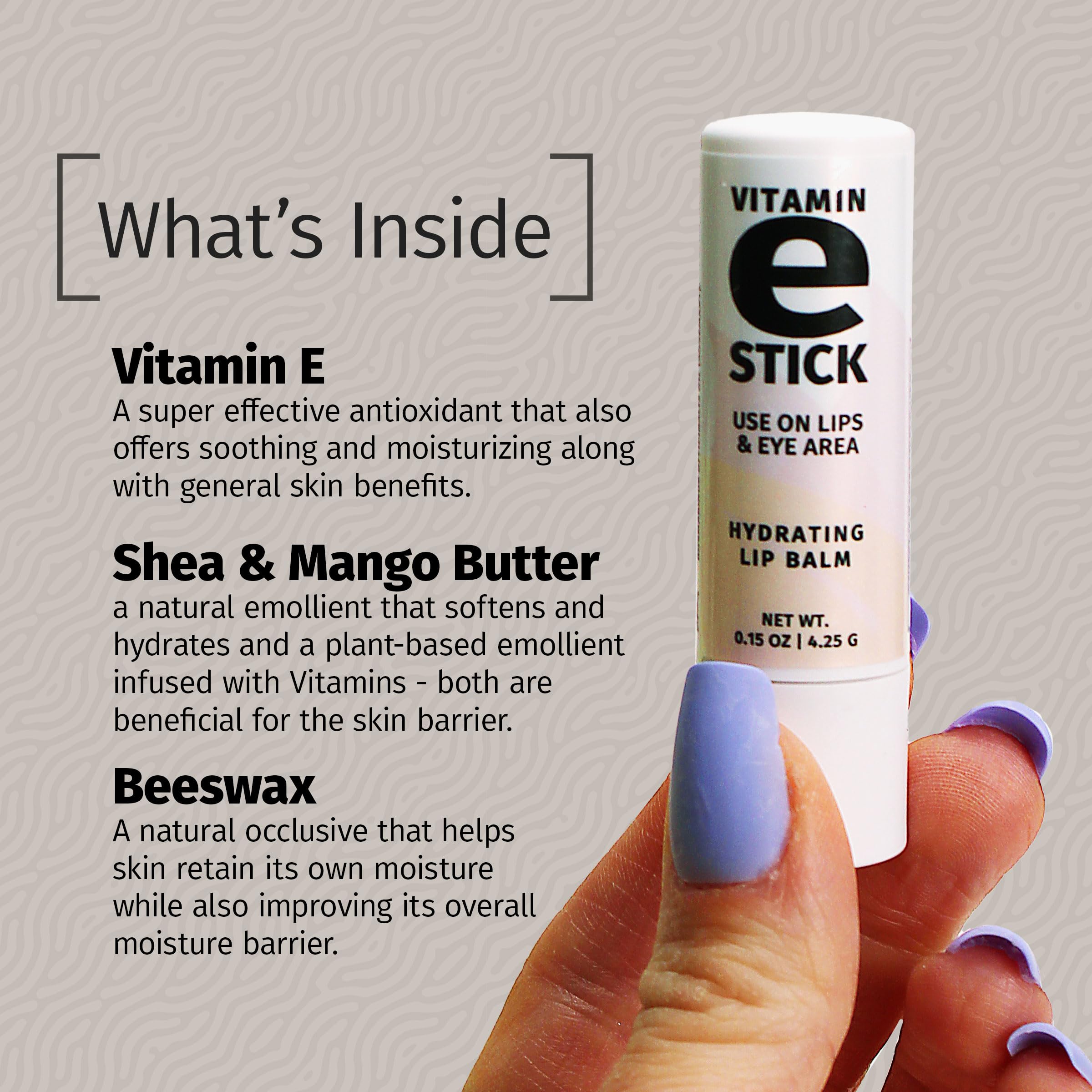 Reviva Labs Vitamin E Stick ingredients highlight beeswax and shea butter nourishment.