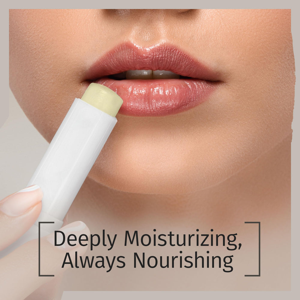 Reviva Labs Vitamin E Stick applied on lips for clear, non-greasy hydration.
