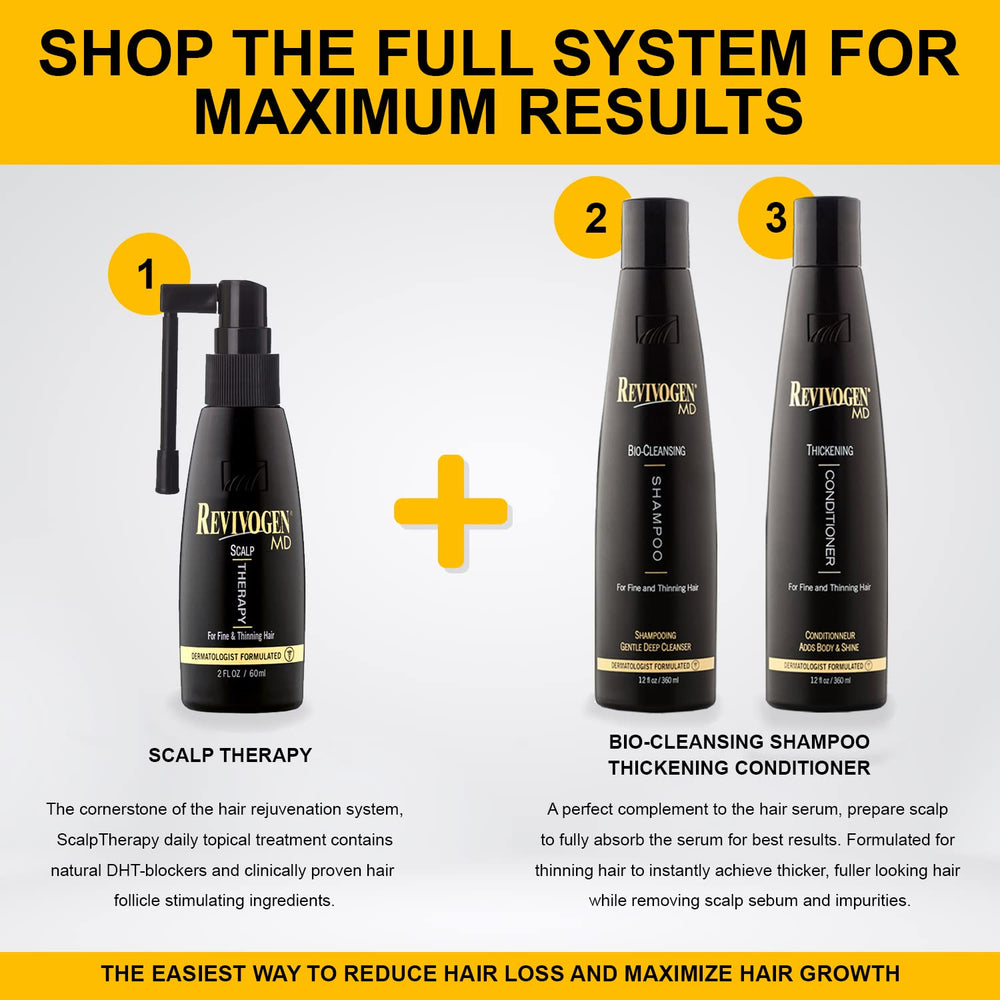 Revivogen MD Bio-Cleansing Shampoo supports fuller appearance with routine use.