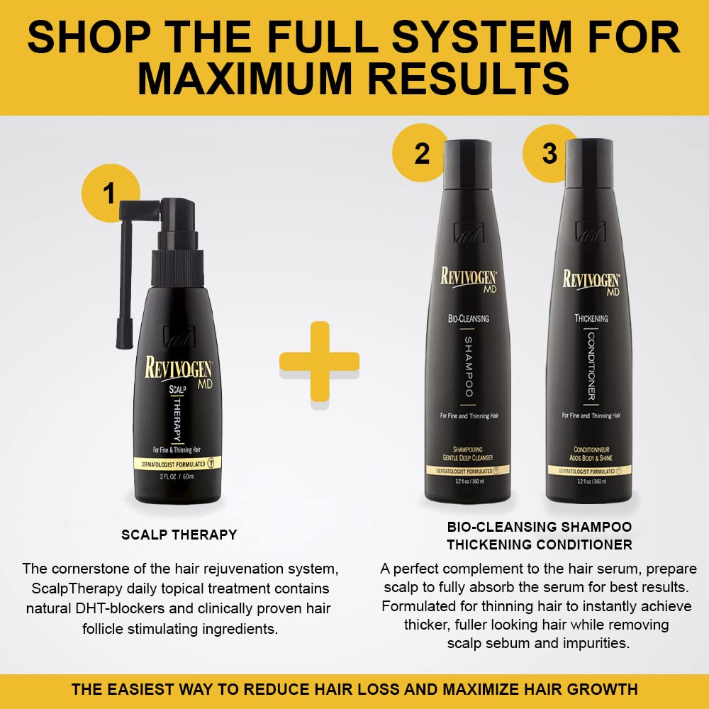 Revivogen MD scalp therapy serum bottle as part of hair loss routine