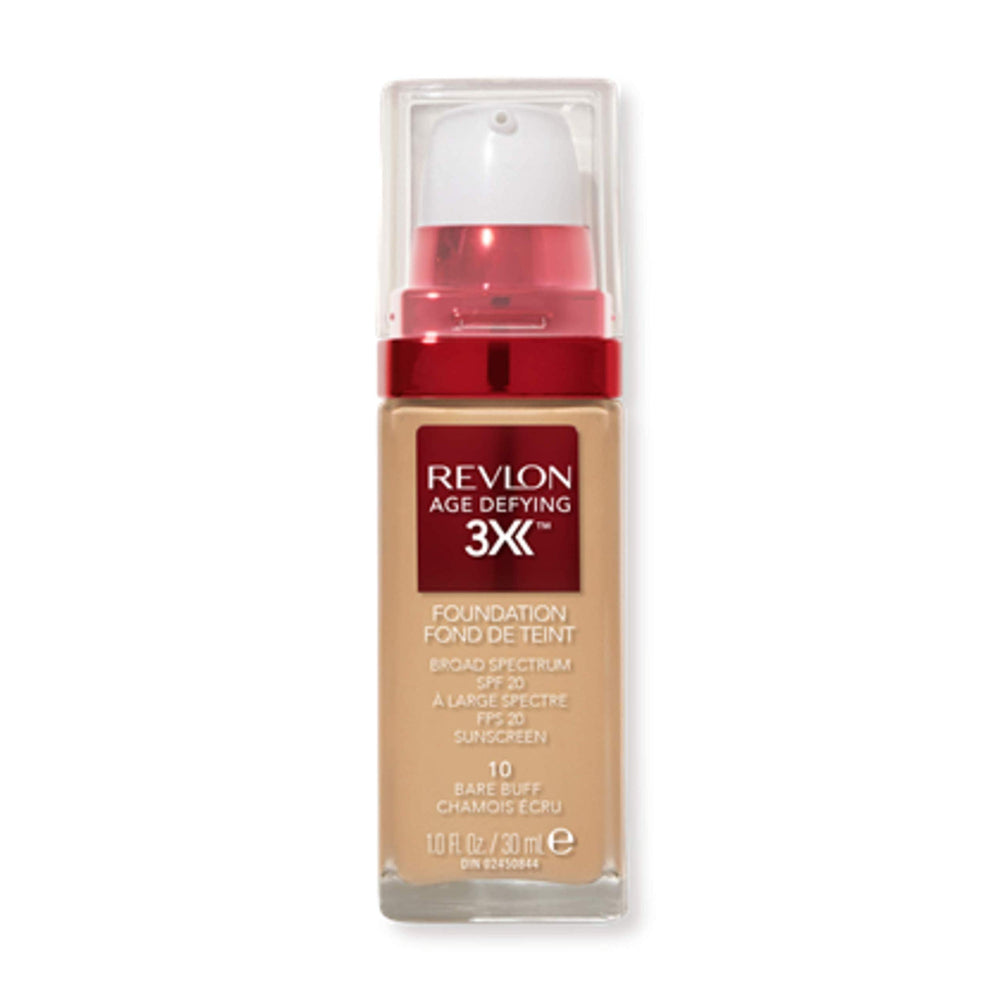 REVLON age-defying 3X foundation bottle with SPF 20 protection for daily skin care.