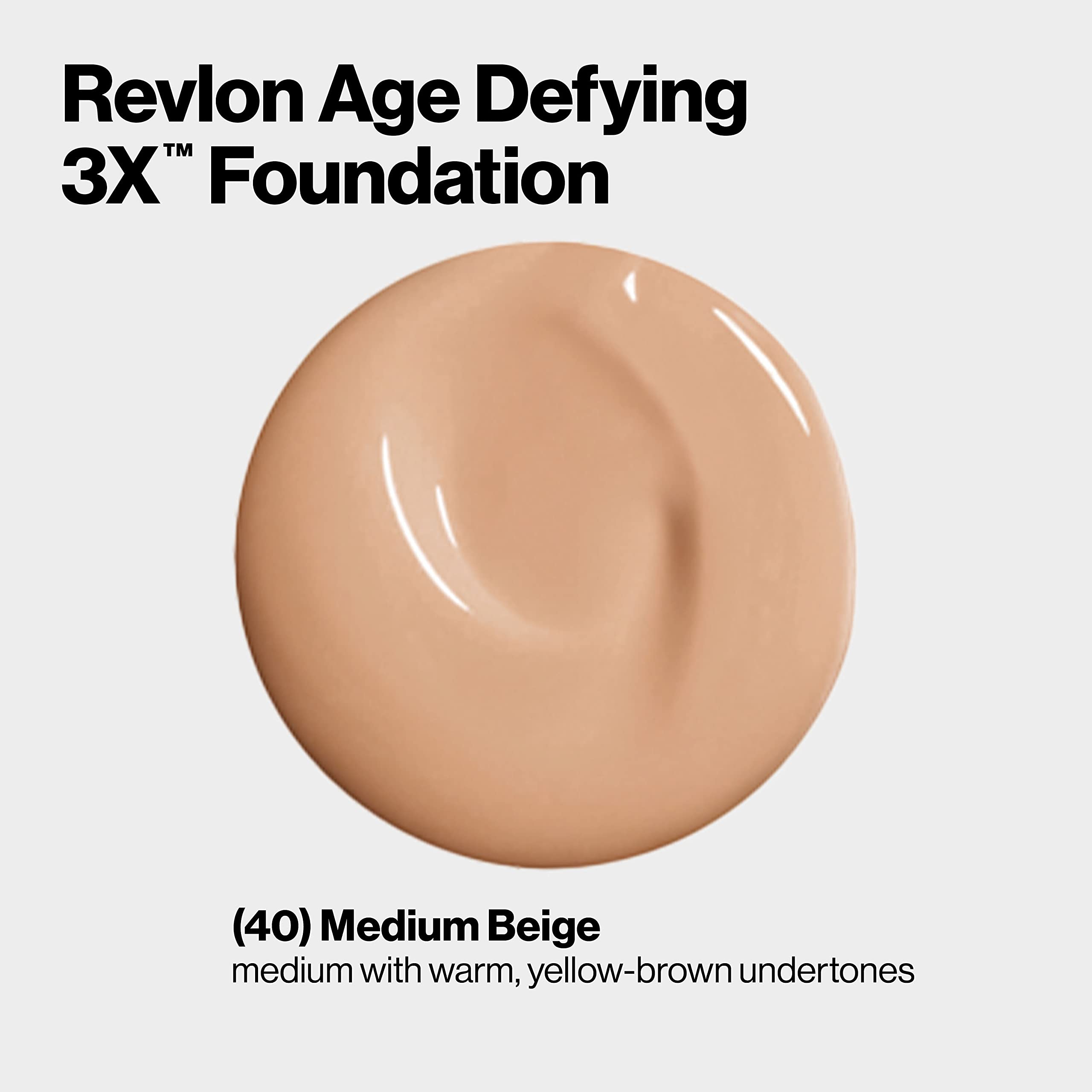 Revlon Age Defying 3X Foundation texture closeup showing creamy formula for buildable coverage.