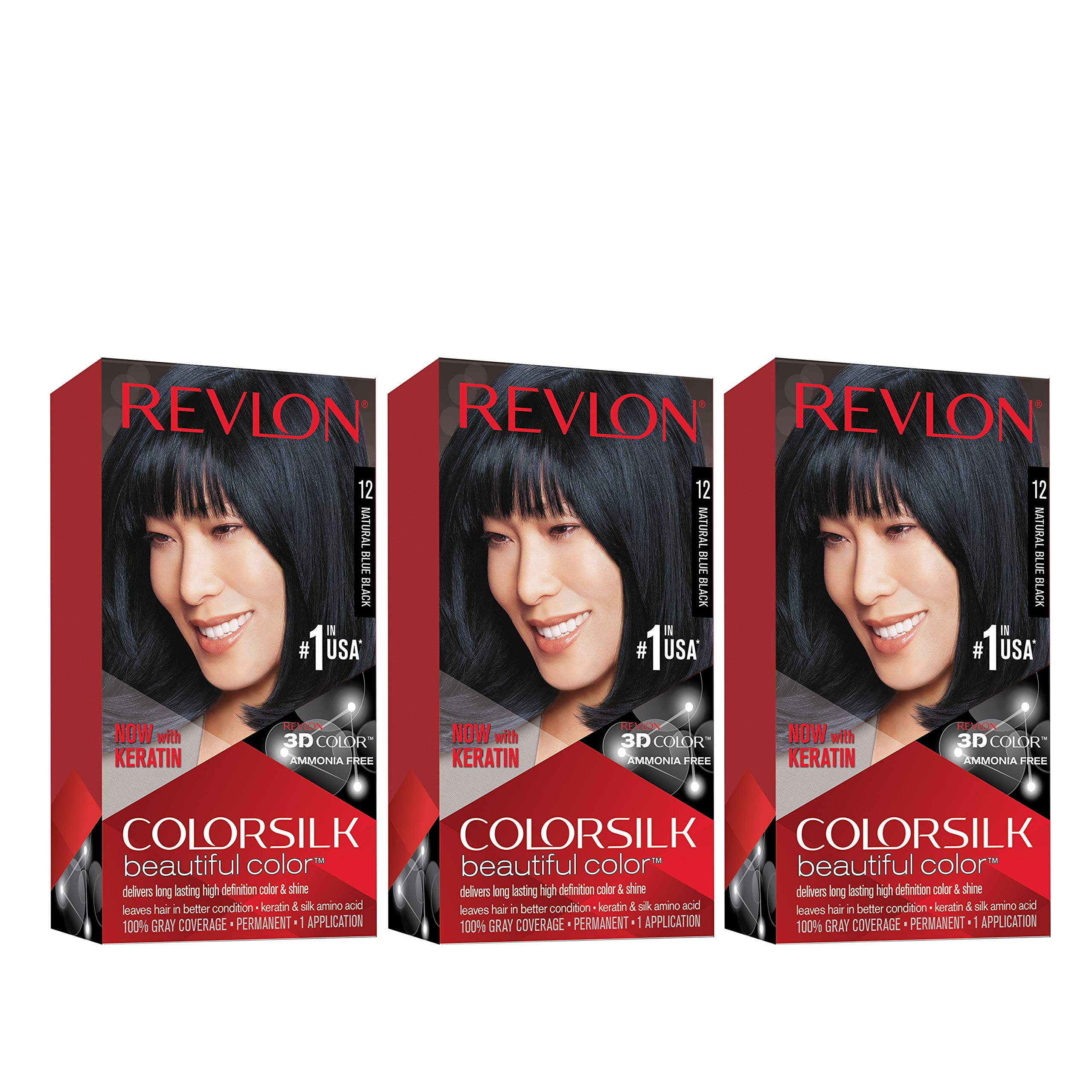 Revlon Colorsilk 12 Natural Blue Black pack shot shows ammonia-free color with 100% gray coverage.