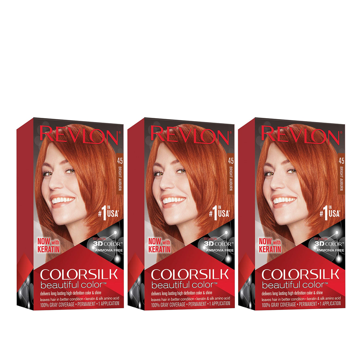 Revlon Colorsilk 45 Bright Auburn kit for at‑home color and gray coverage